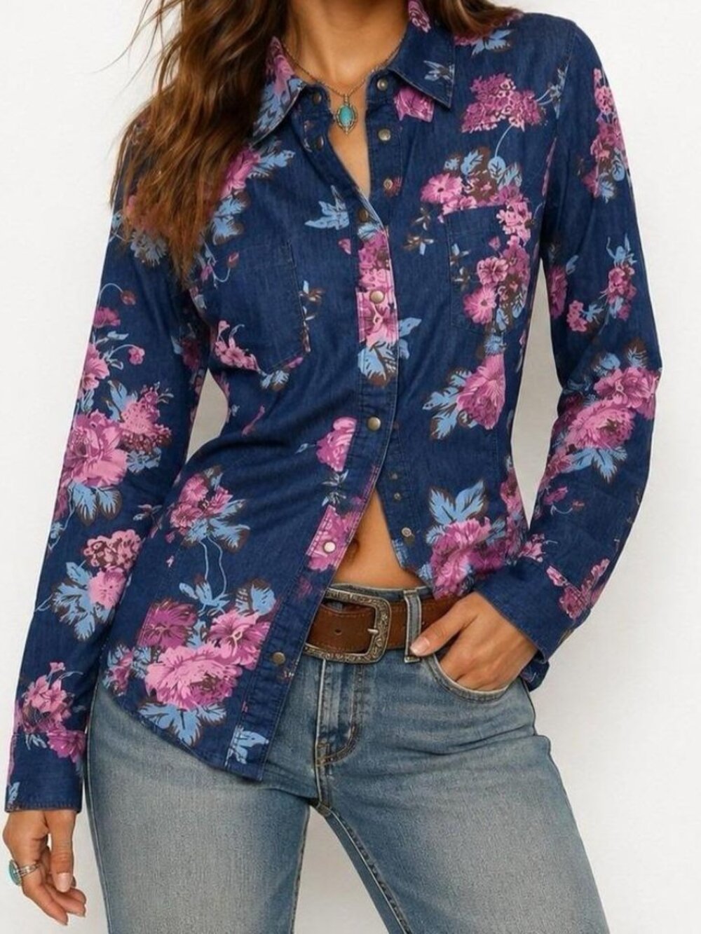 Guess Floral Denim Western Button-Up Shirt Large